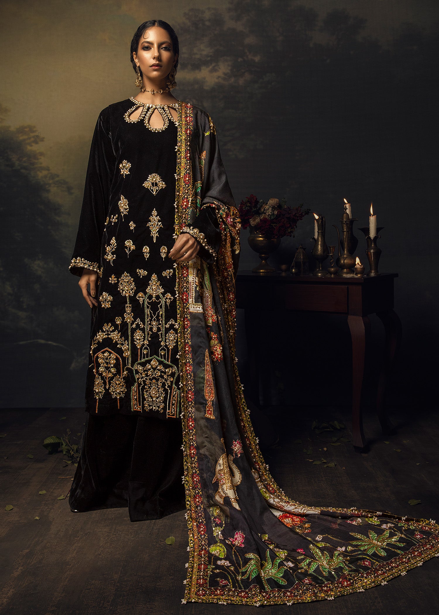 Pakistani Black Tilla Embroidered Velvet Salwar Kameez (3-Piece) - Image 3