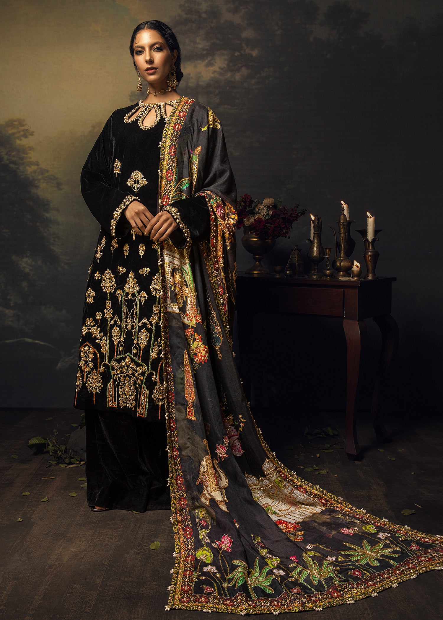 Pakistani Black Tilla-Embroidered Velvet Salwar Kameez (3-Piece) - Image 1