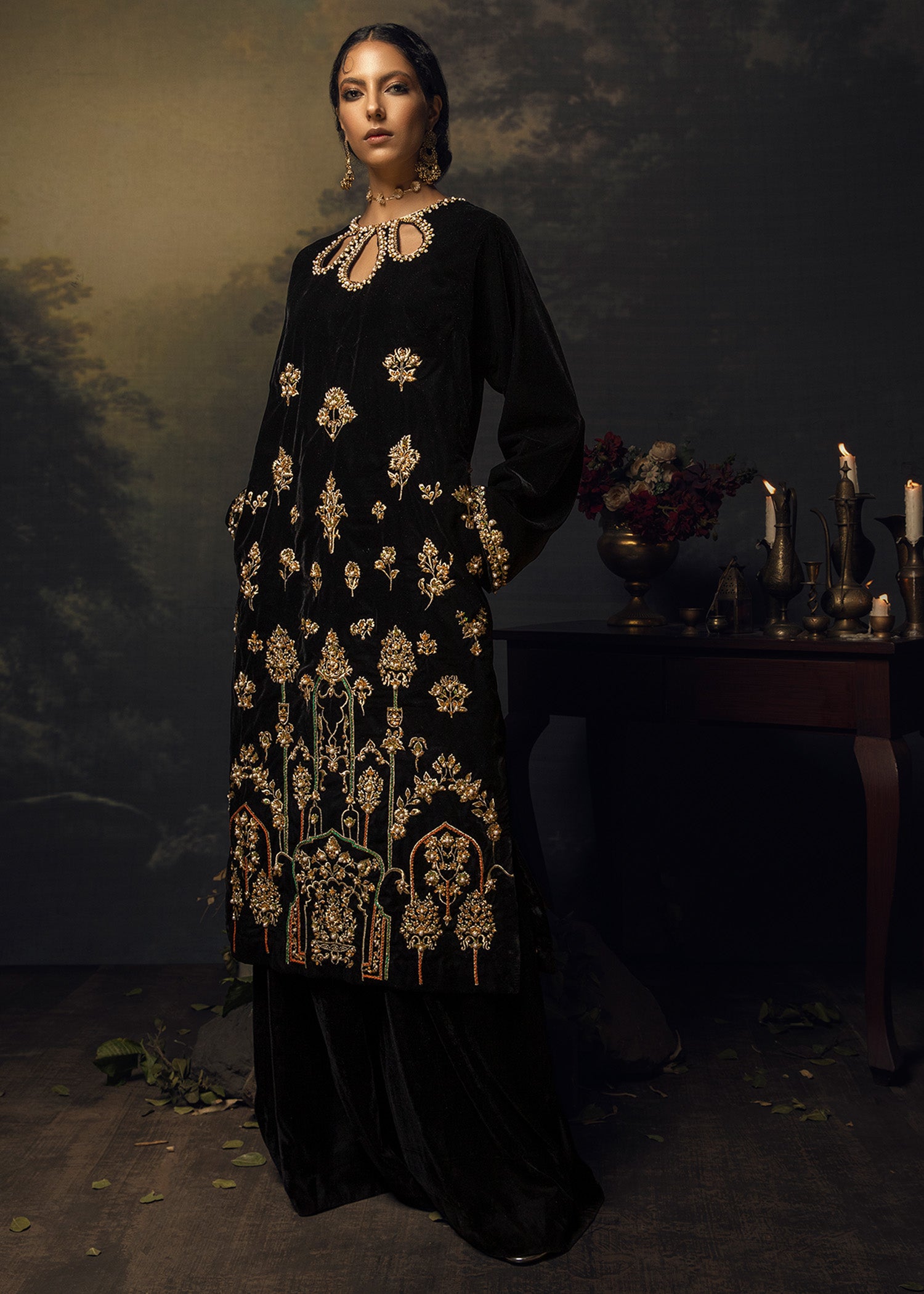 Pakistani Black Tilla-Embroidered Velvet Salwar Kameez (3-Piece) - Image 6