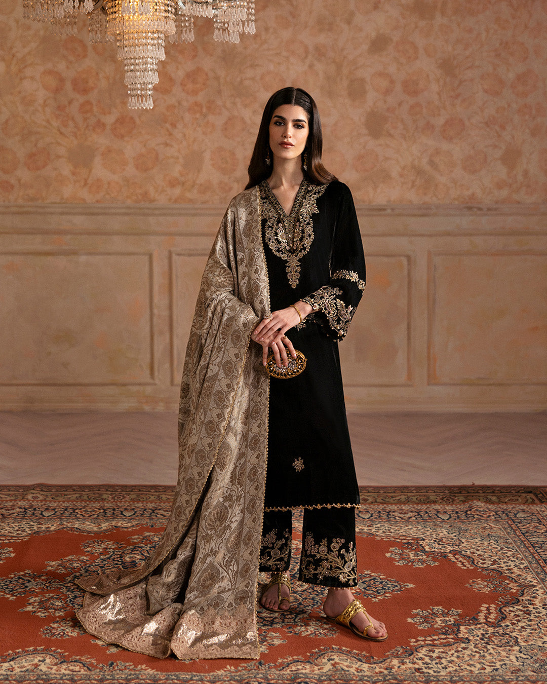 Black Embroidered Velvet Salwar Kameez (3-Piece) - Image 1