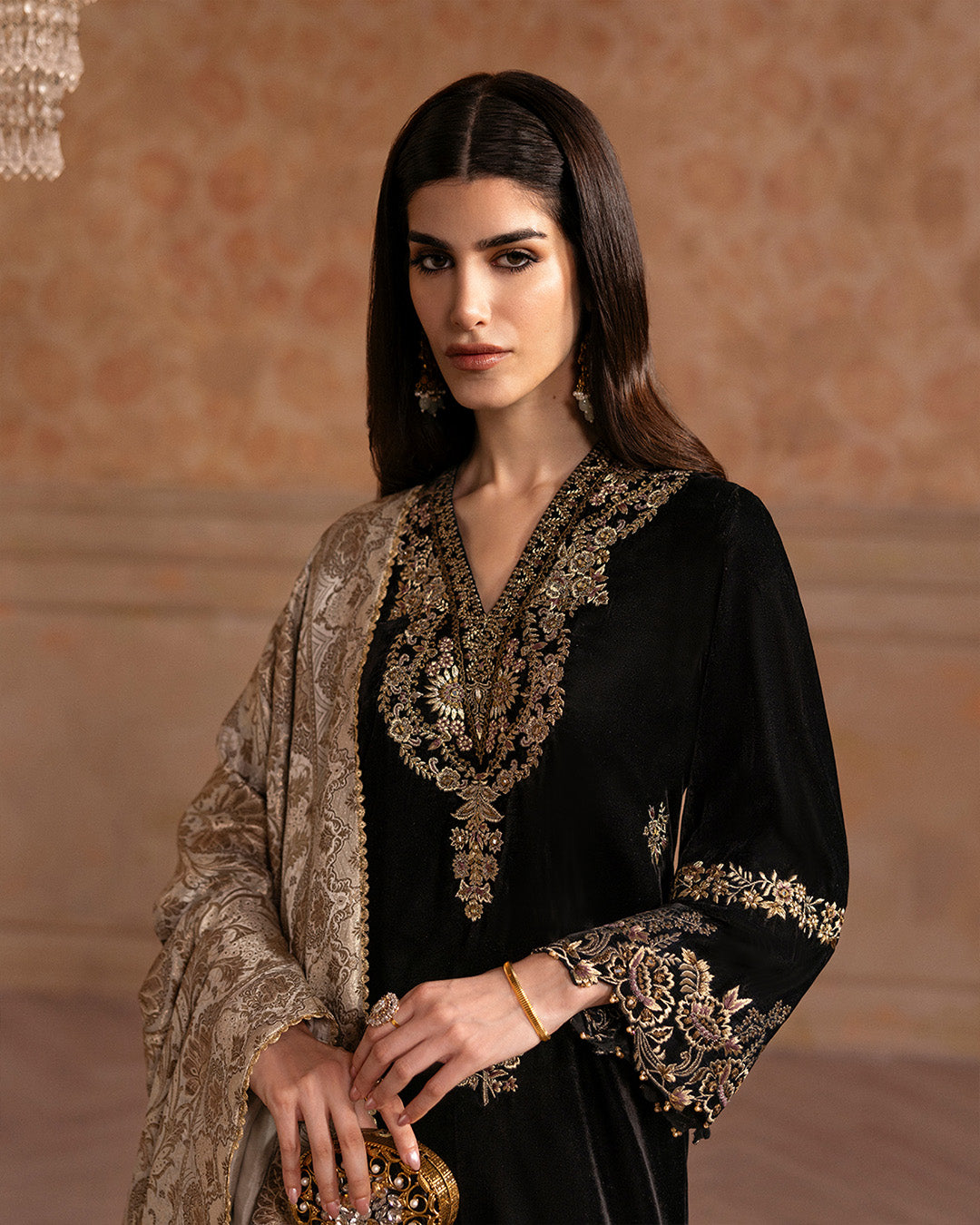 Black Embroidered Velvet Salwar Kameez (3-Piece) - Image 6
