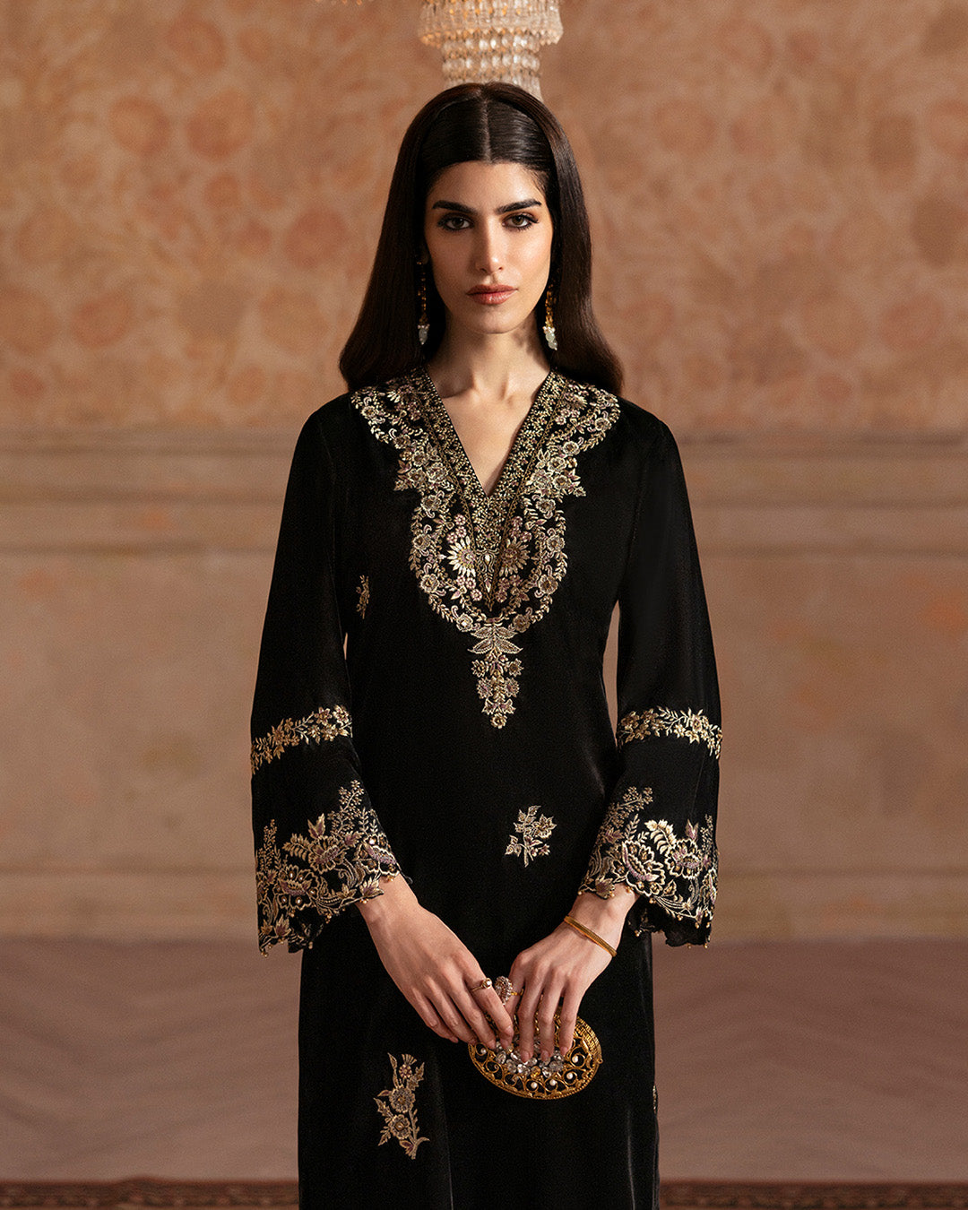 Pakistani Black Embroidered Velvet Salwar Kameez (3-Piece) - Image 2