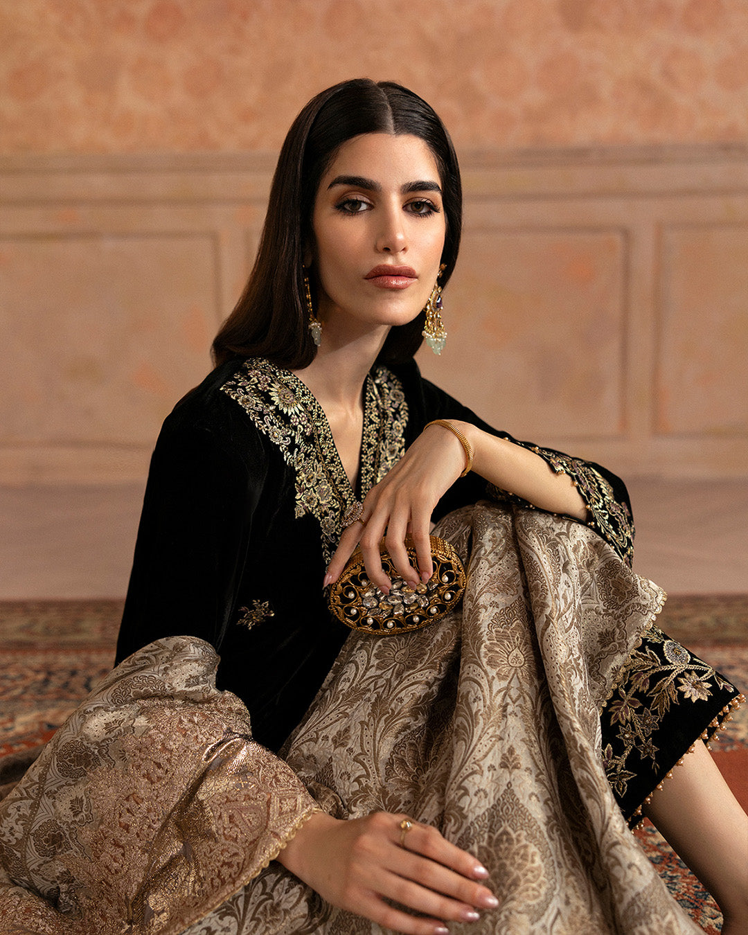 Pakistani Black Embroidered Velvet Salwar Kameez (3-Piece) - Image 3