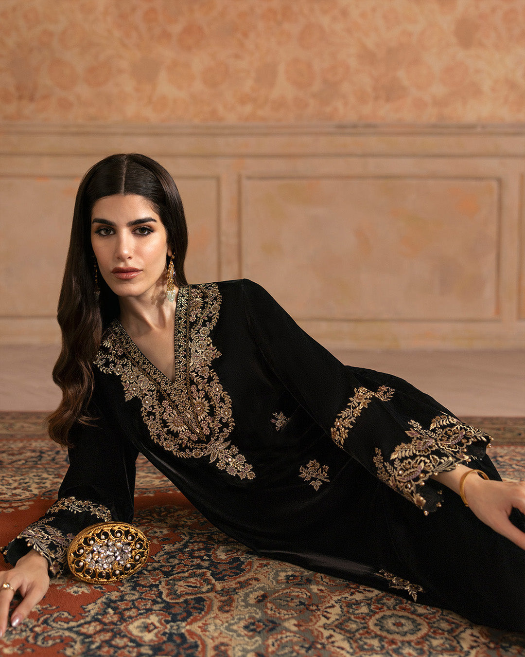 Pakistani Black Embroidered Velvet Salwar Kameez (3-Piece) - Image 4
