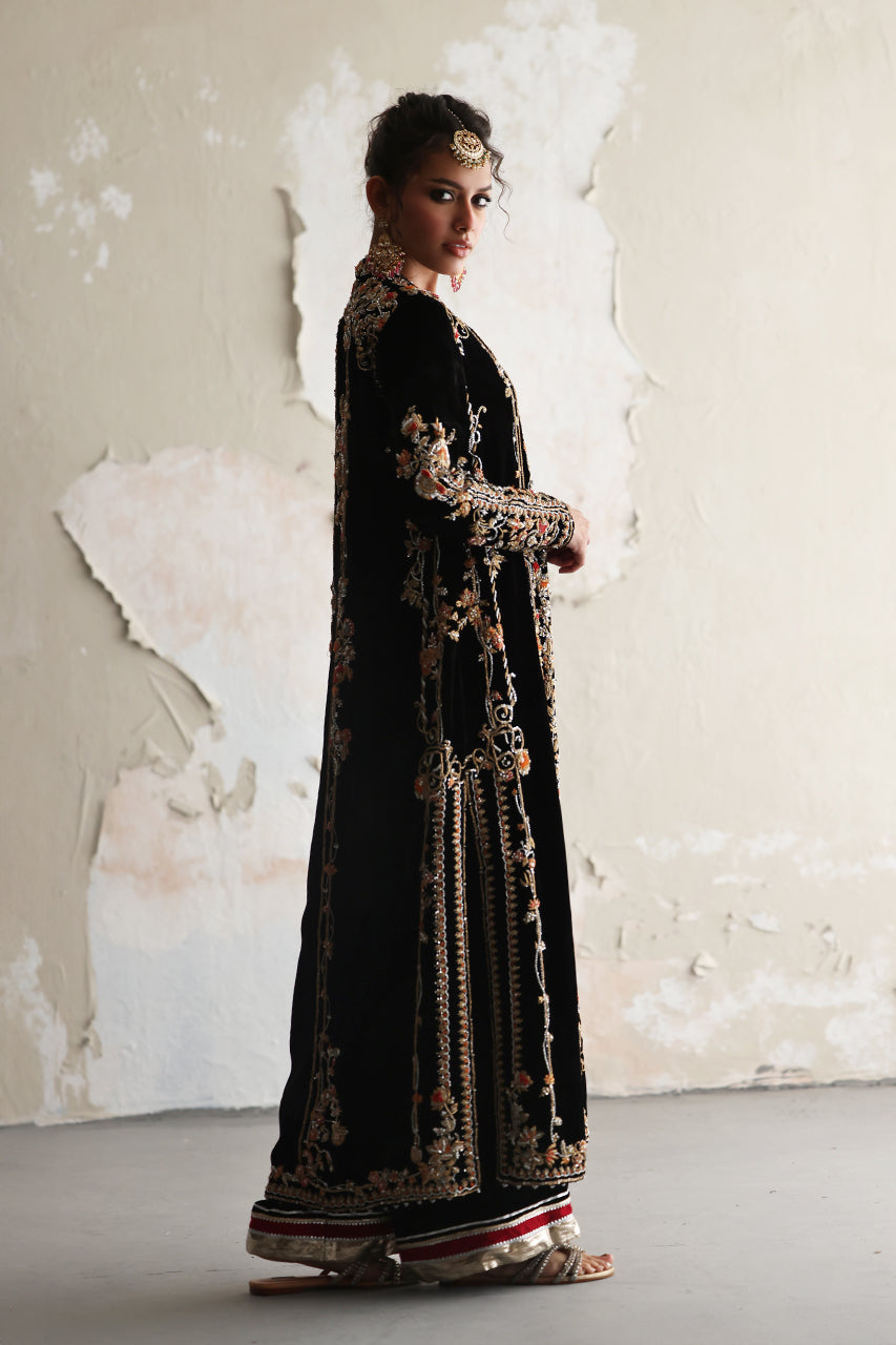 Pakistani Black Zardozi Embroidered Velvet Jacket Set (3-Piece) - Image 5