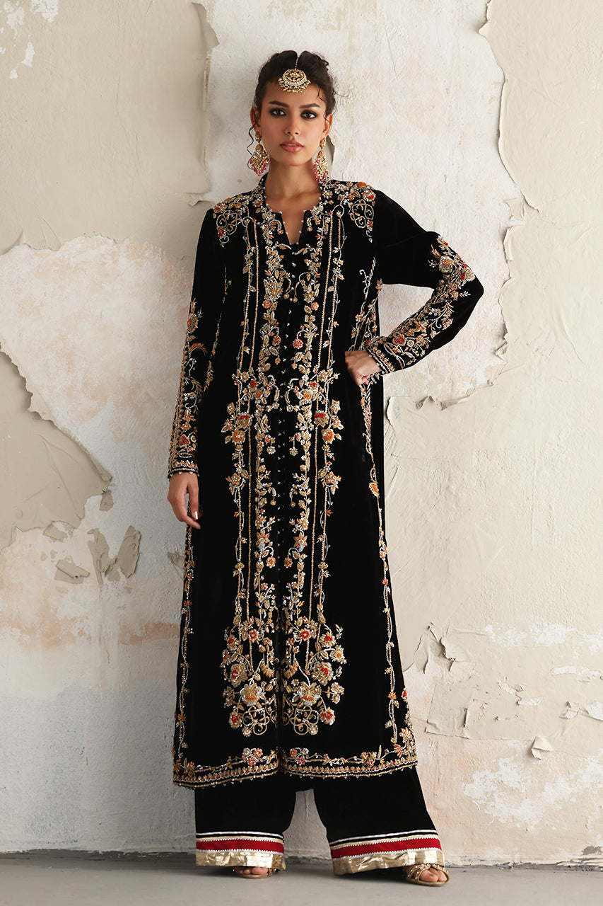 Pakistani Black Zardozi Embroidered Velvet Jacket Set (3-Piece) - Image 8