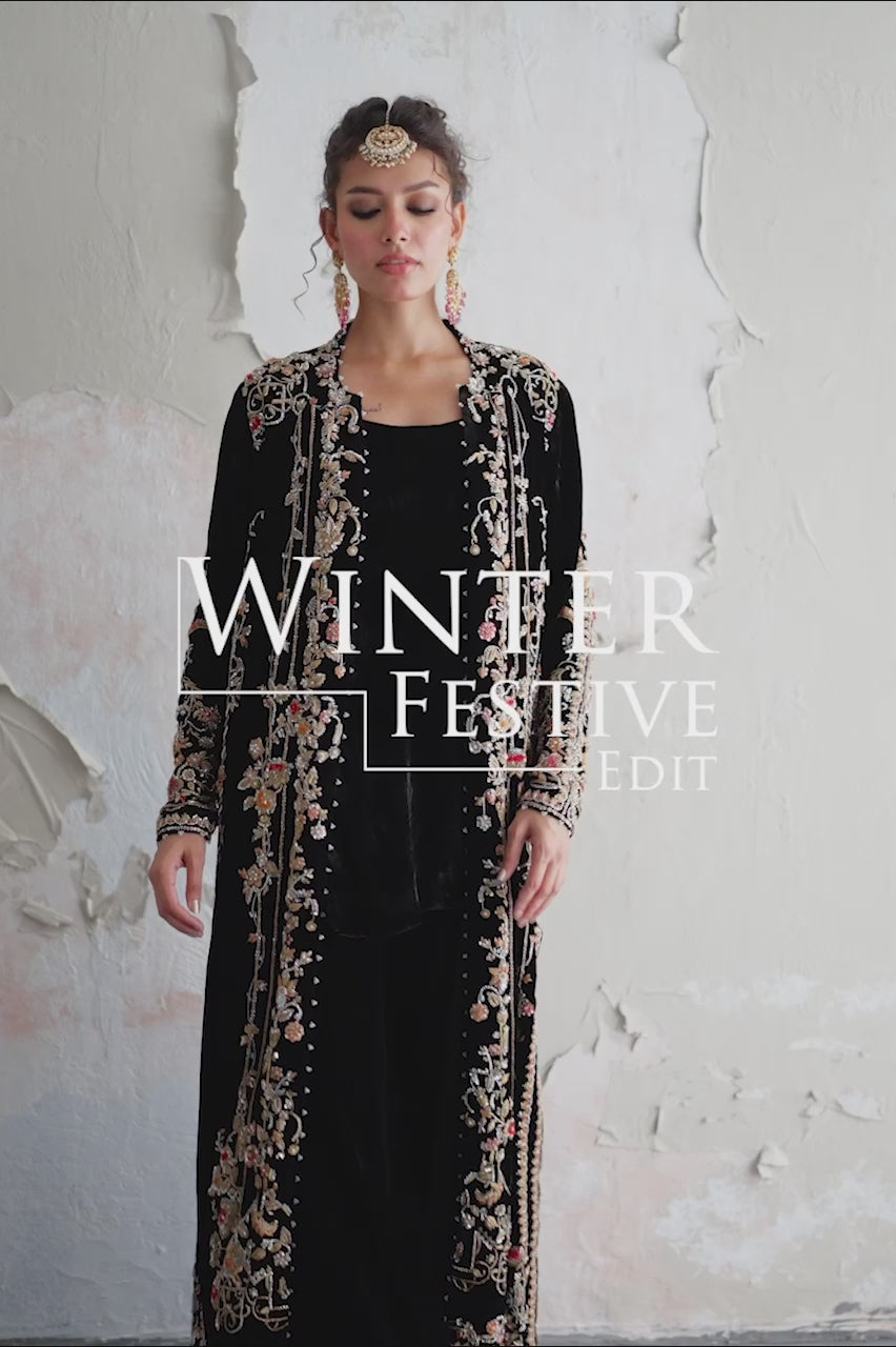 Pakistani Black Zardozi Embroidered Velvet Jacket Set (3-Piece) - Image 9