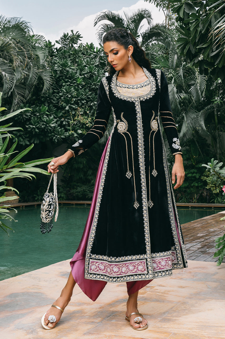 Pakistani Black Zardozi Velvet Front-Open Jacket (2-Piece) - Image 1