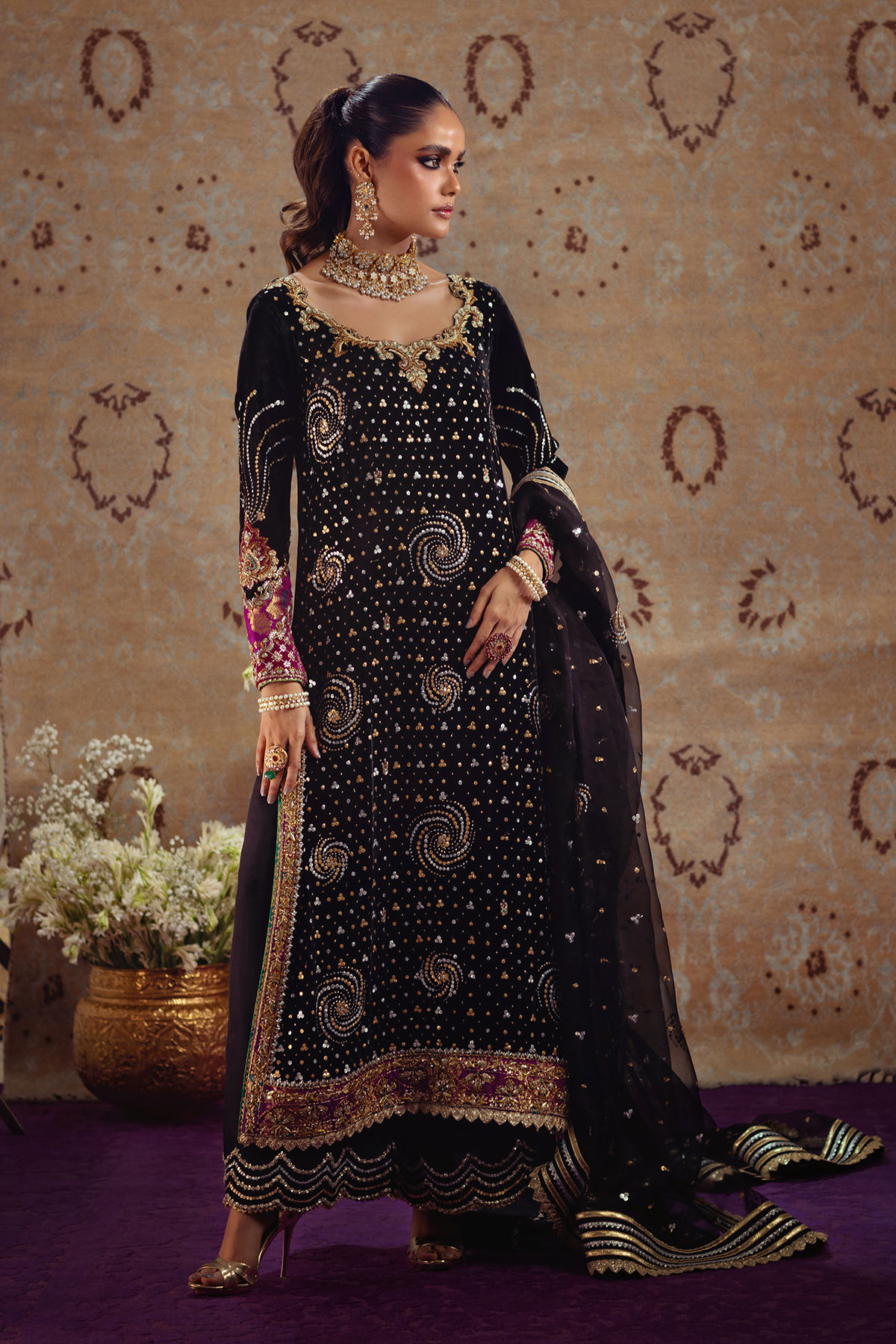 Pakistani Black Zardozi Velvet Salwar Kameez (3-Piece) - Image 1