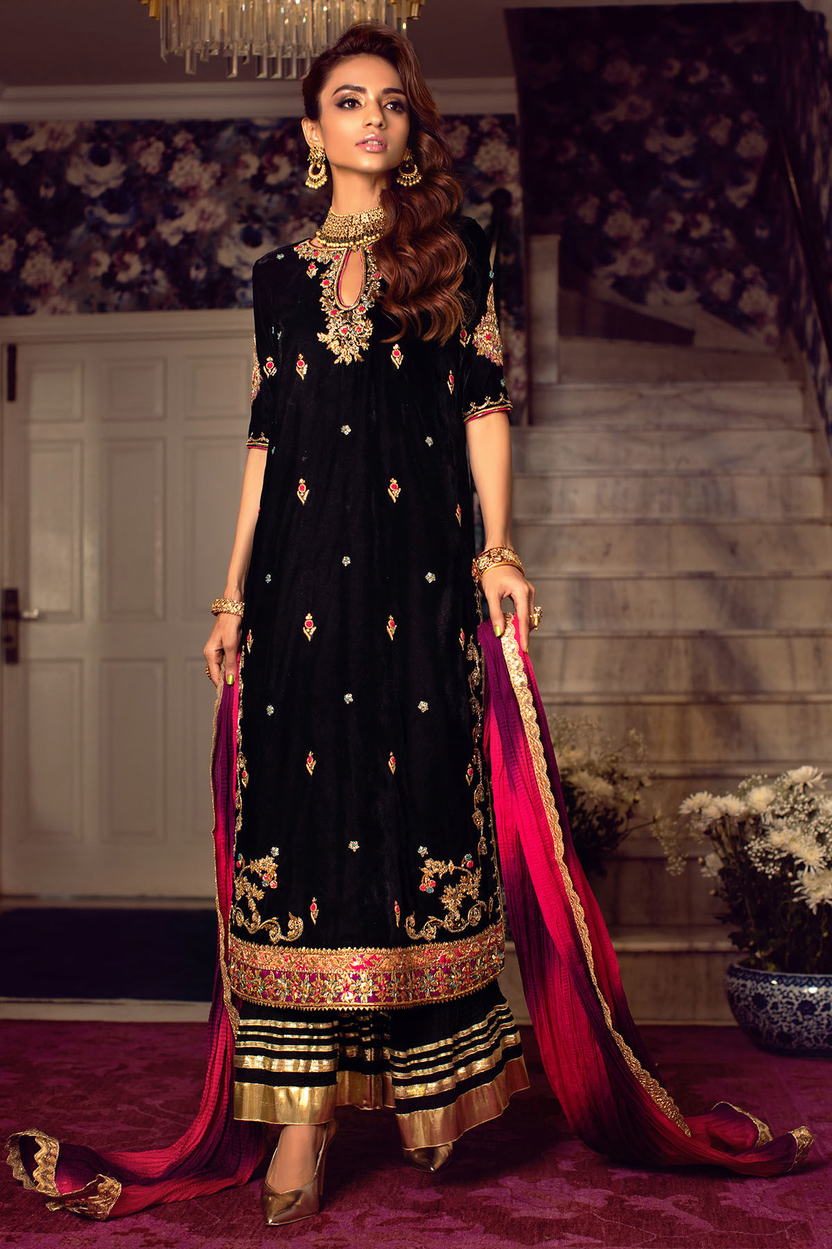Pakistani Black Zardozi Velvet Salwar Kameez (3-Piece) - Image 1