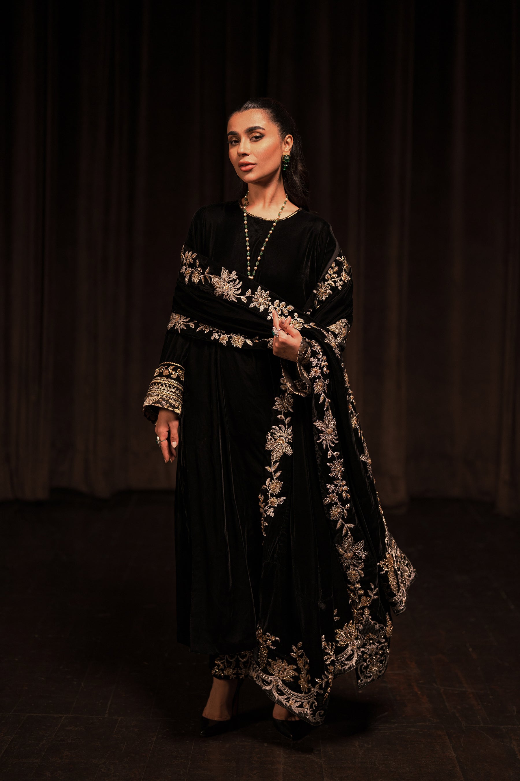Black Zardozi Velvet Salwar Kameez (3-Piece) - Image 1