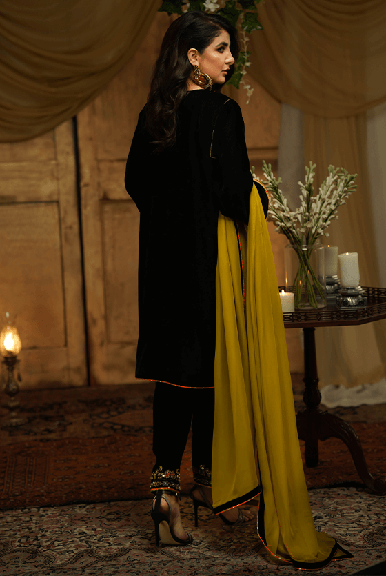 Black Zardozi Velvet Salwar Kameez (3-Piece) - Image 1