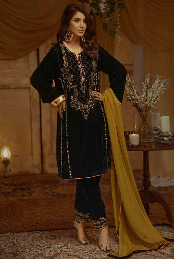 Black Zardozi Velvet Salwar Kameez (3-Piece) - Image 2