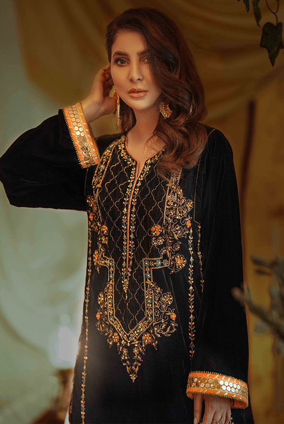 Black Zardozi Velvet Salwar Kameez (3-Piece) - Image 3