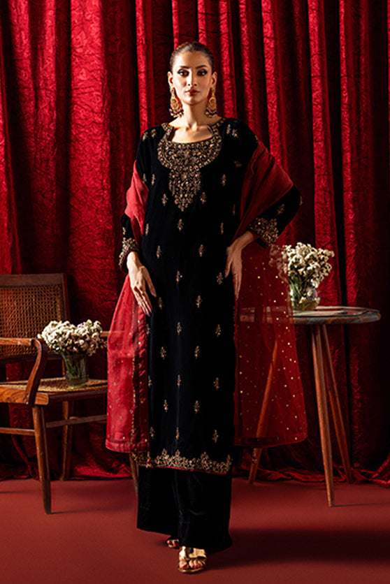Black Embroidered Velvet Salwar Kameez (3-Piece) - Image 2