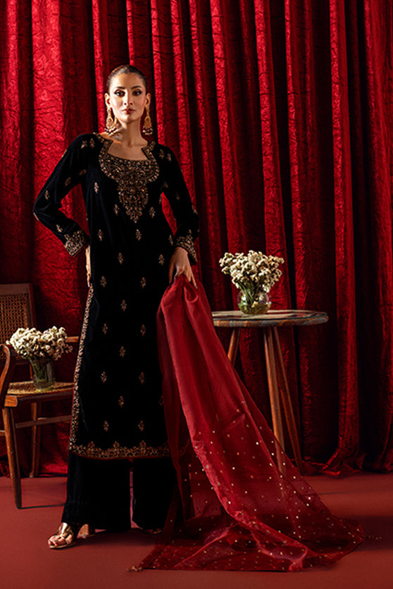 Black Embroidered Velvet Salwar Kameez (3-Piece) - Image 4