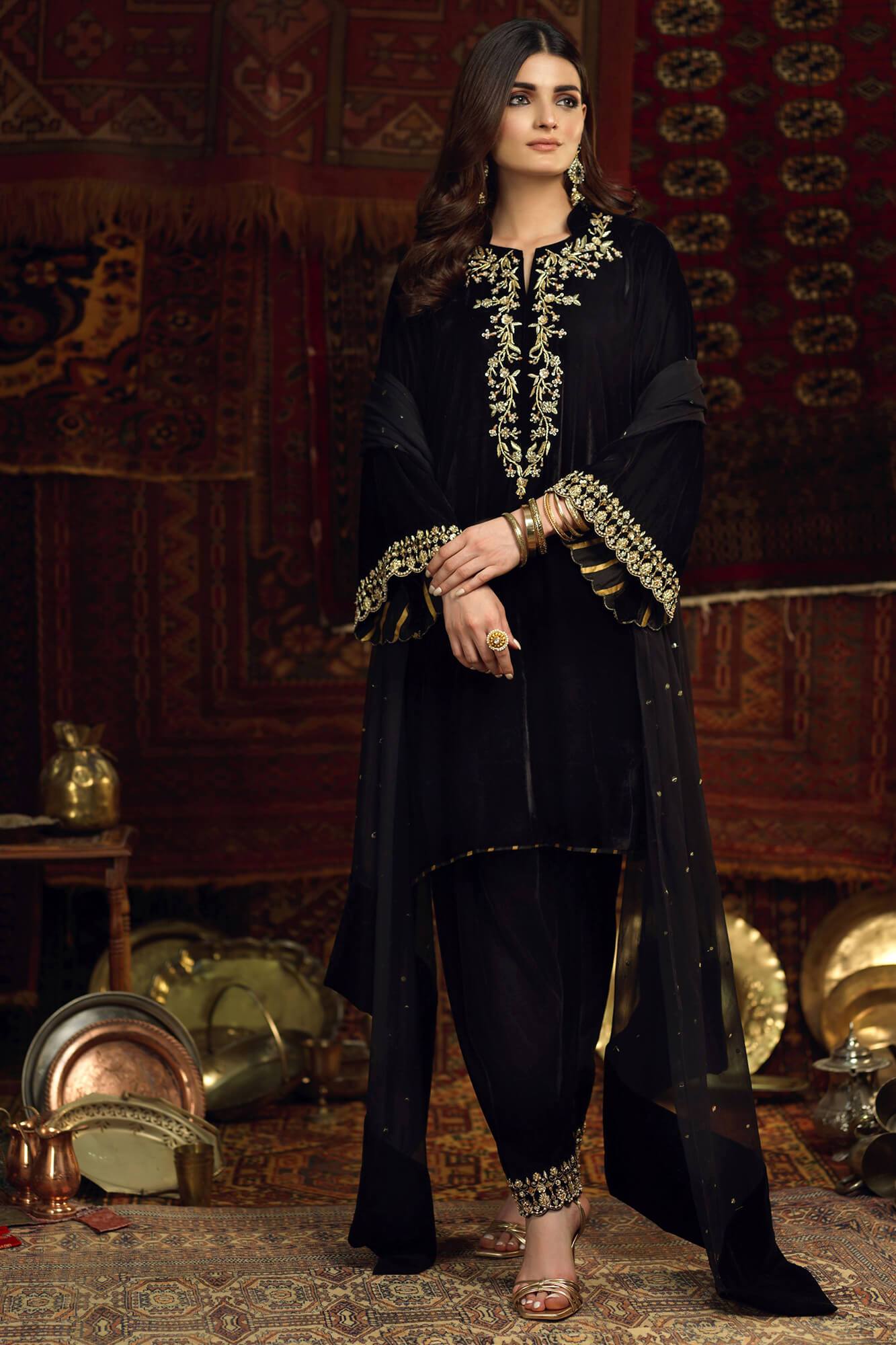 Pakistani Black Embroidered Velvet Salwar Kameez (3-Piece) - Image 2