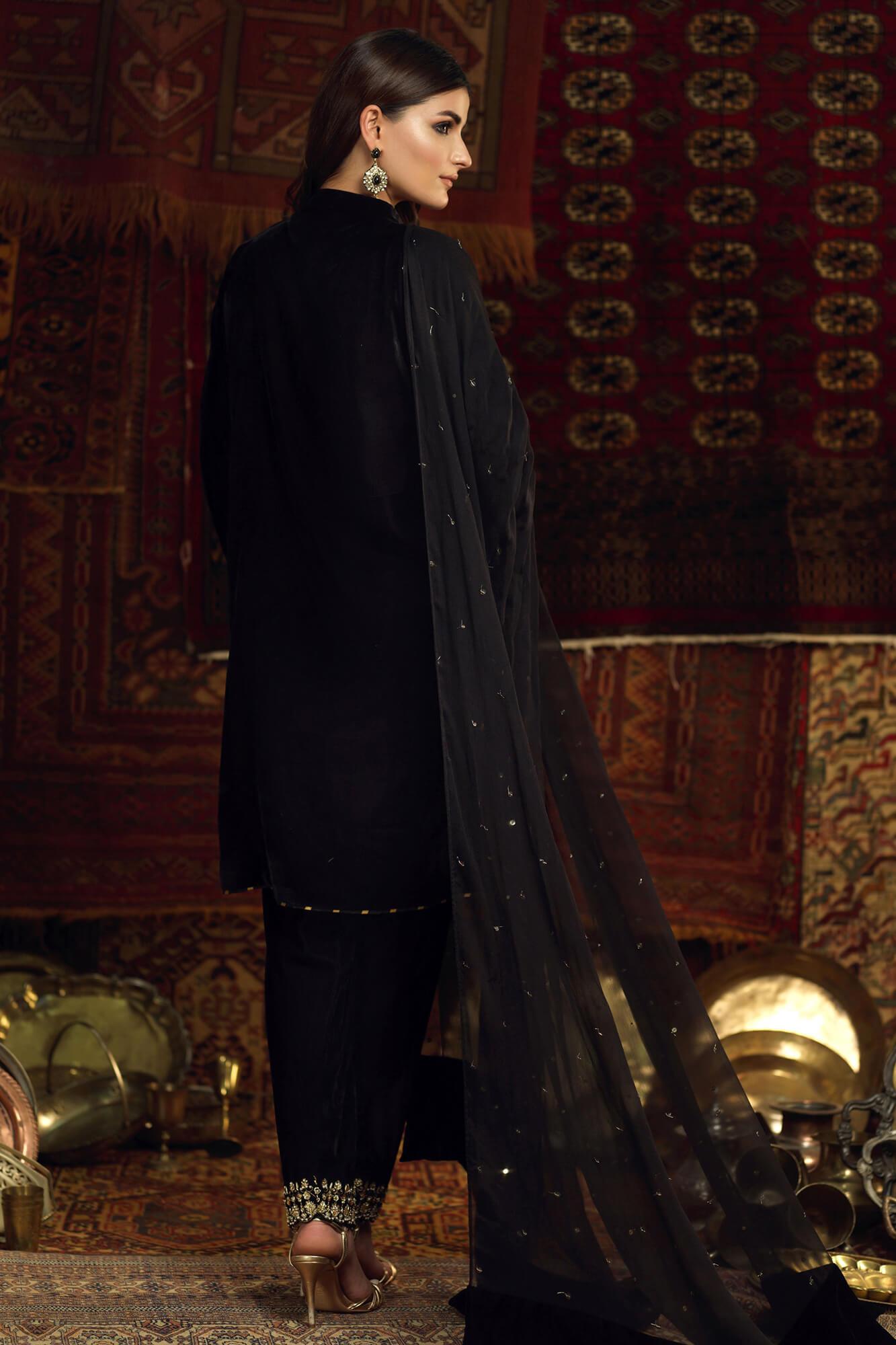 Pakistani Black Embroidered Velvet Salwar Kameez (3-Piece) - Image 3