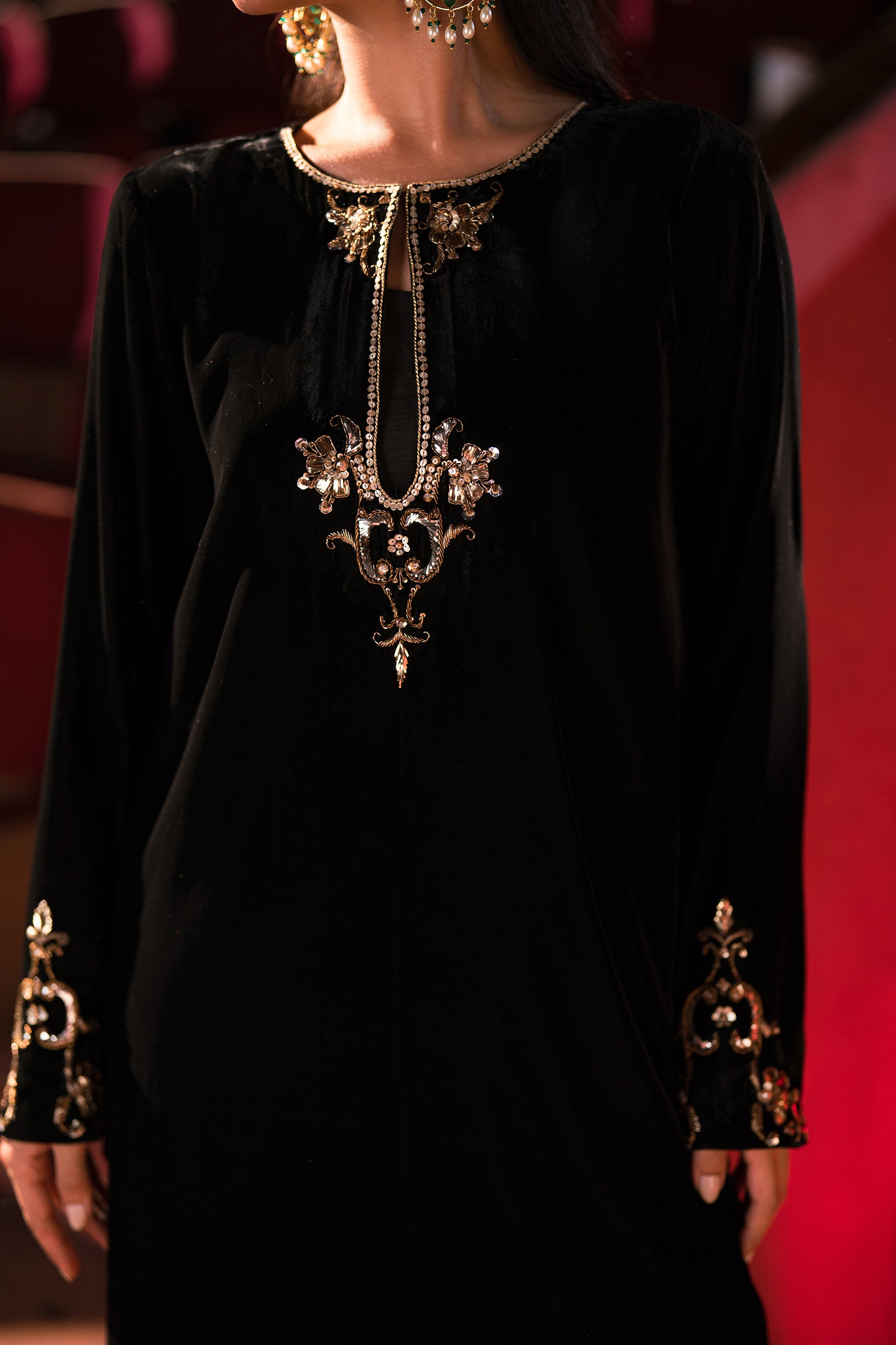 Pakistani Black Hand-Embellished Velvet Salwar Kameez (3-Piece) - Image 3