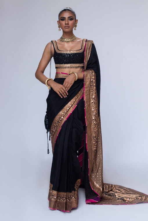 Black Sequin & Mirror Embroidered Banarasi Silk-Blend Saree (2-Piece) - Image 1