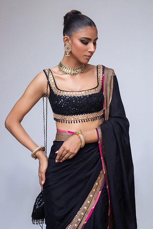 Black Sequin & Mirror Embroidered Banarasi Silk-Blend Saree (2-Piece) - Image 2