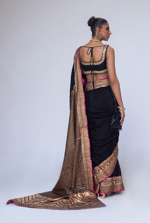 Black Sequin & Mirror Embroidered Banarasi Silk-Blend Saree (2-Piece) - Image 3
