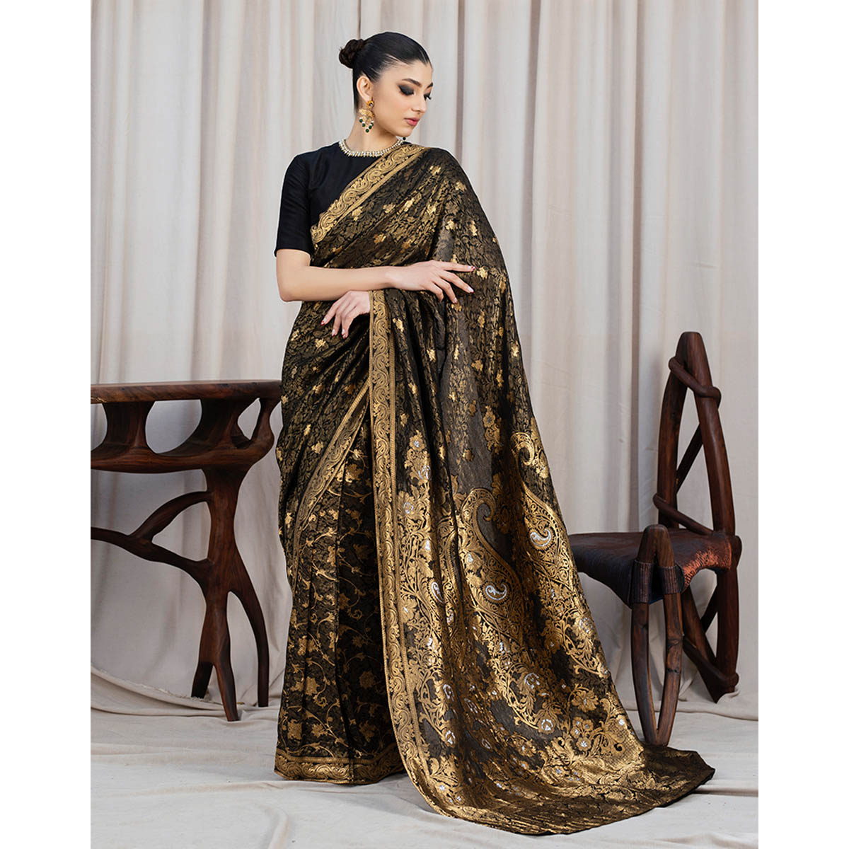 Pakistani Black Banarsi Zari Silk Saree Set (3-Piece) - Image 1