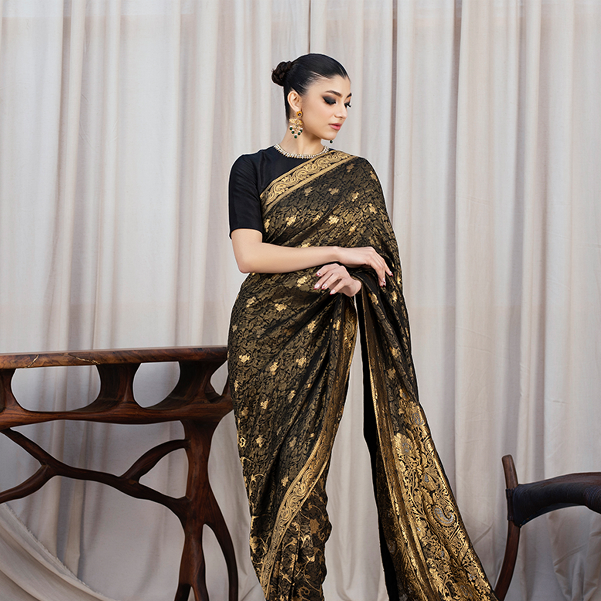 Pakistani Black Banarsi Zari Silk Saree Set (3-Piece) - Image 2