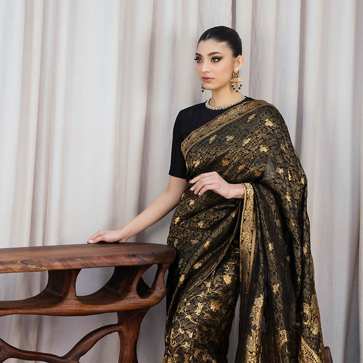 Pakistani Black Banarsi Zari Silk Saree Set (3-Piece) - Image 6