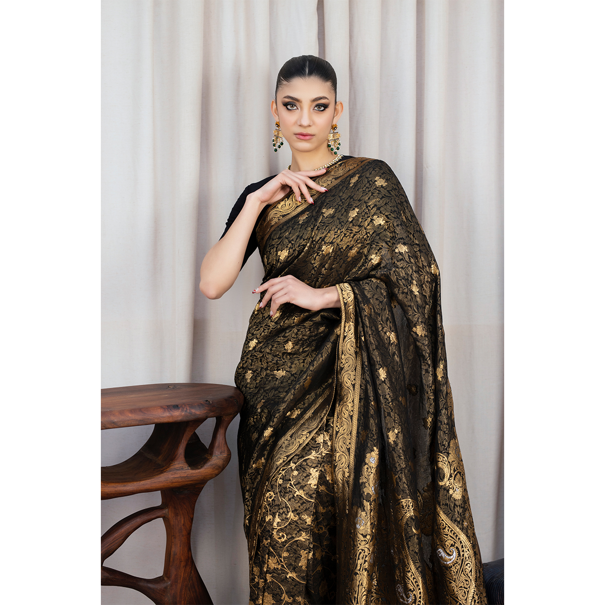 Pakistani Black Banarsi Zari Silk Saree Set (3-Piece) - Image 7