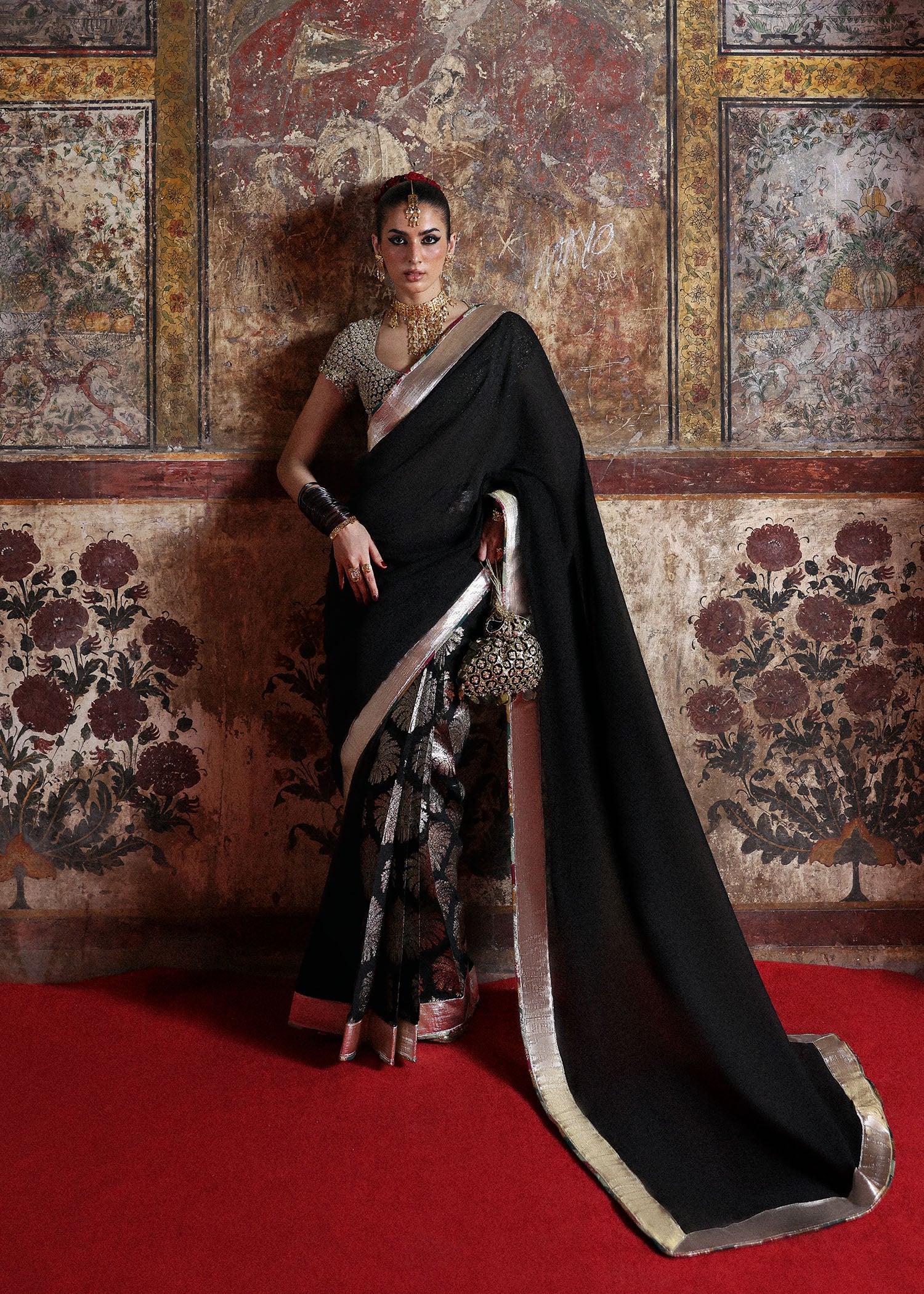 Indian Black Embellished Chanderi Silk Saree (2-Piece) - Image 2