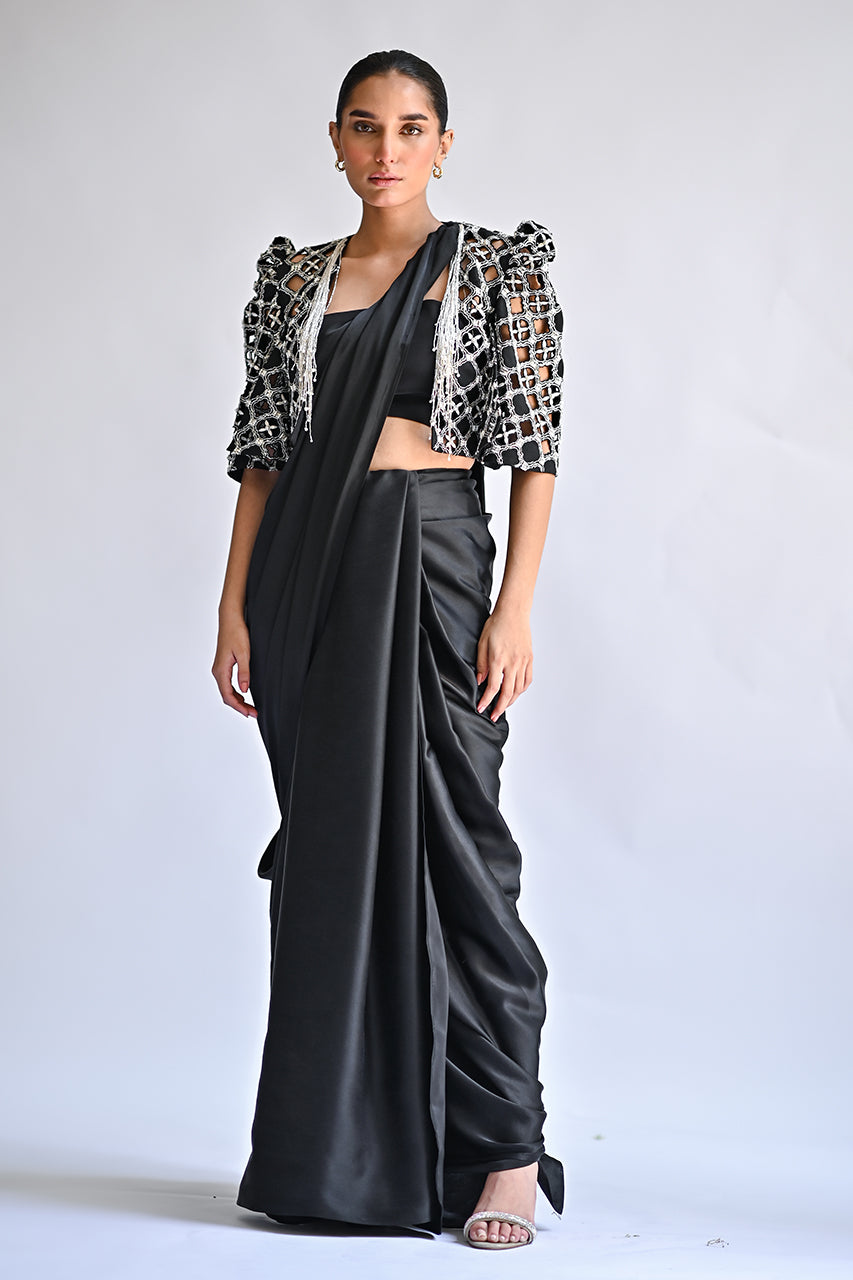 Black Embroidered Charmeuse Saree (3-Piece) - Image 1