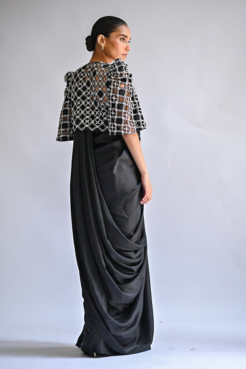 Black Embroidered Charmeuse Saree (3-Piece) - Image 2