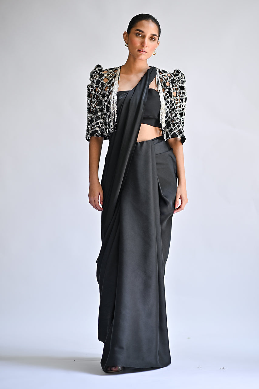 Black Embroidered Charmeuse Saree (3-Piece) - Image 3