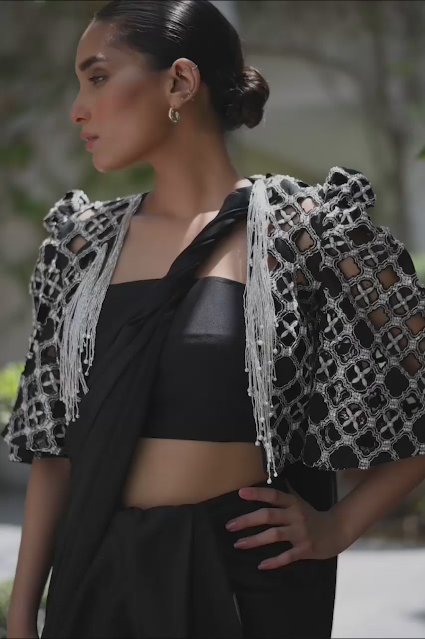 Black Embroidered Charmeuse Saree (3-Piece) - Image 5