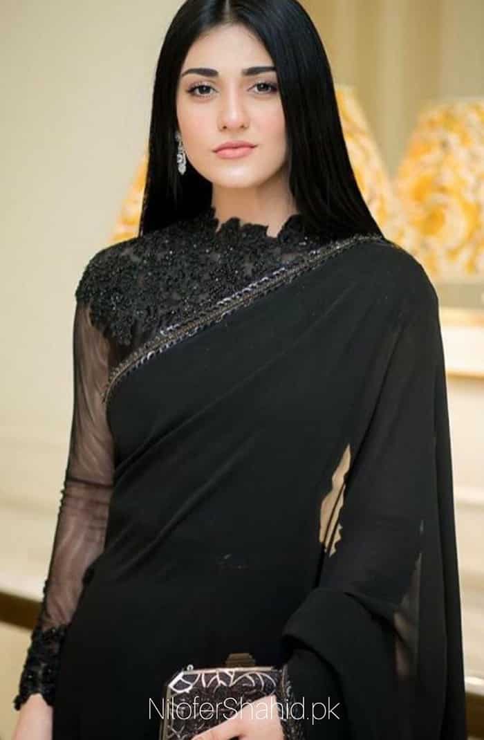 Pakistani Black Crystal & Sequin Pure Chiffon Saree (2-Piece) - Image 2