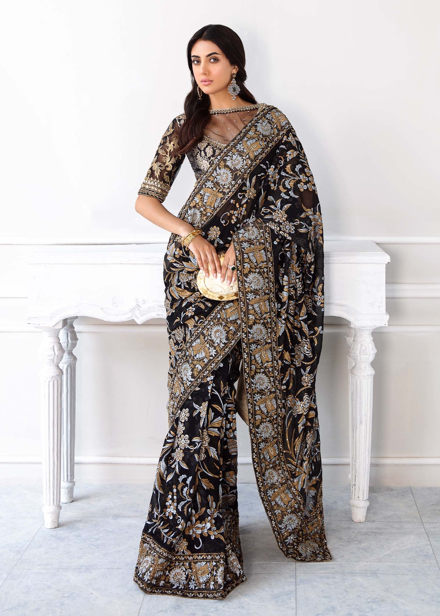 Black Gold Embellished Chiffon Saree (3-Piece) - Image 1