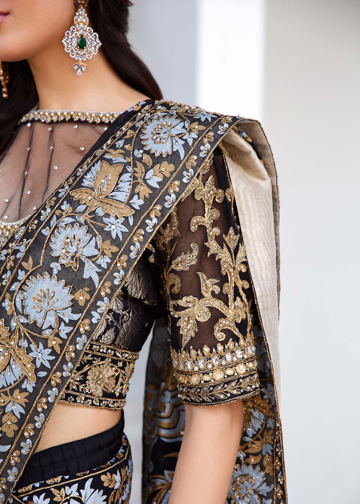 Black Gold Embellished Chiffon Saree (3-Piece) - Image 3