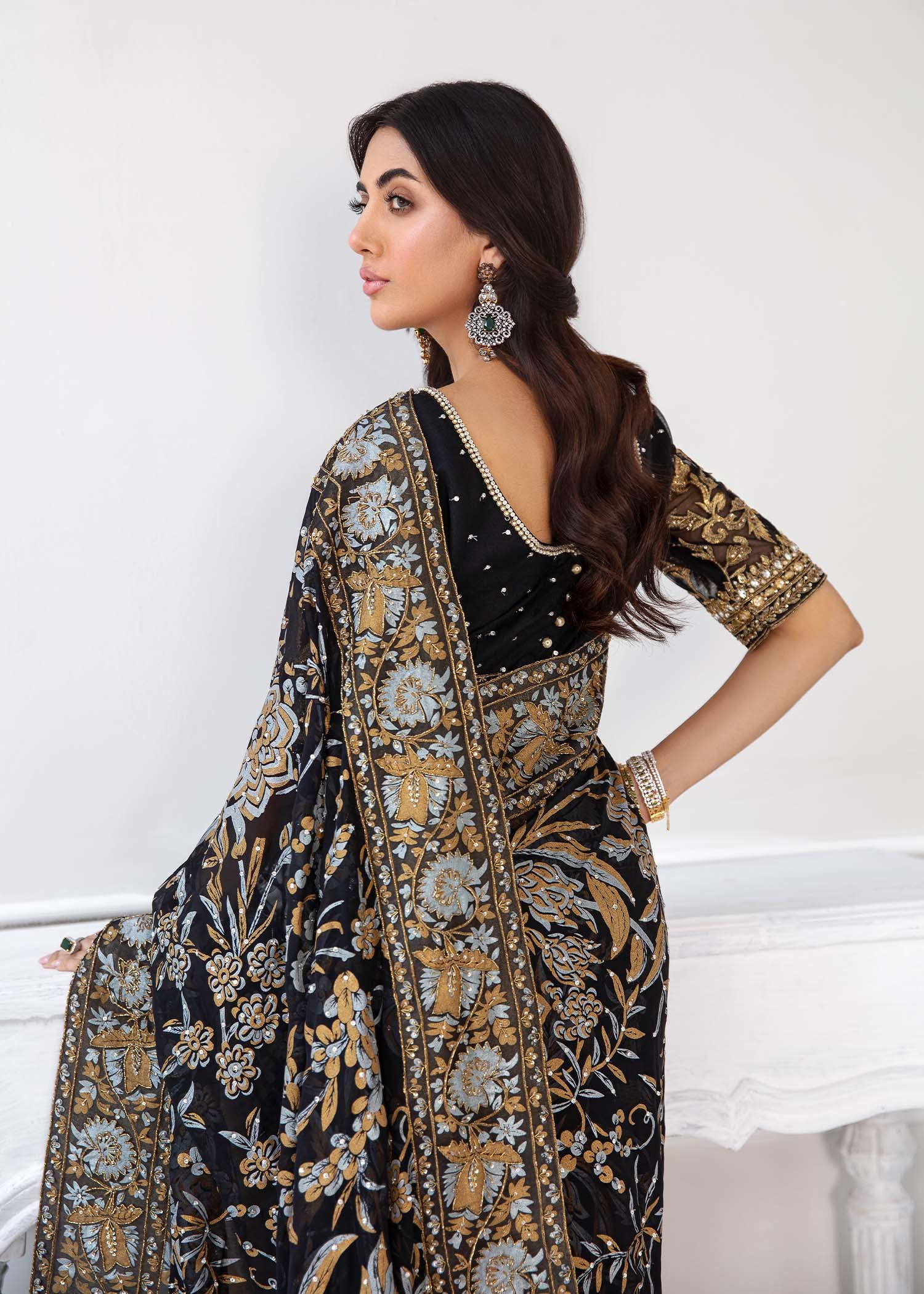 Black Gold Embellished Chiffon Saree (3-Piece) - Image 6
