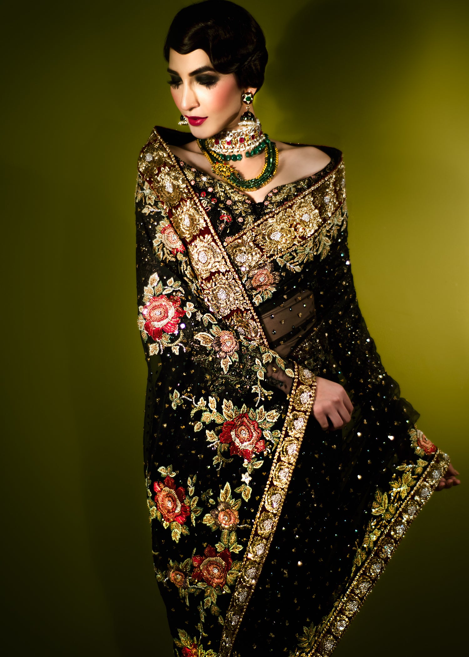 Pakistani Black Embellished Cotton Silk & Velvet Sari (2-Piece) - Image 3
