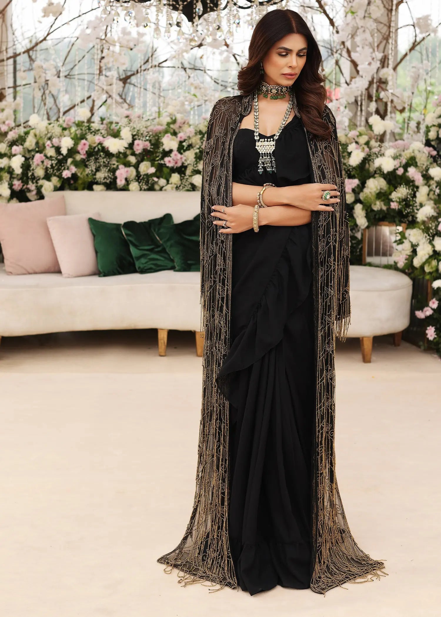 Black Embroidered Net Gown with Georgette Saree (3-Piece) - Image 1