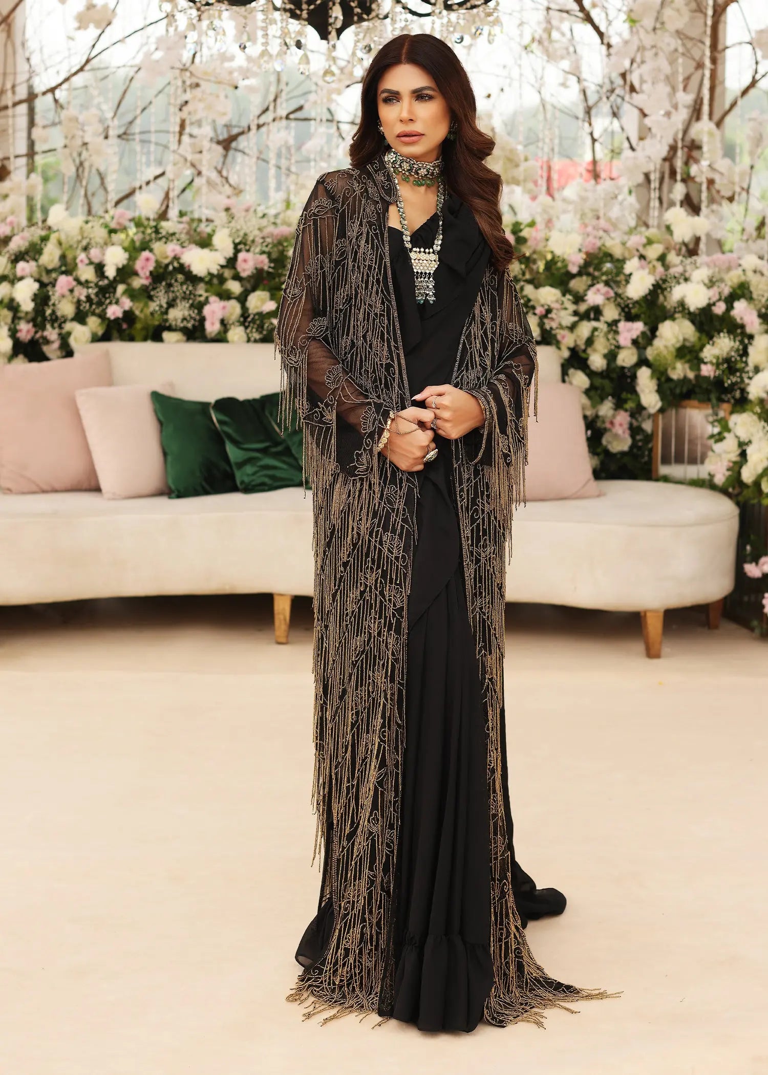 Black Embroidered Net Gown with Georgette Saree (3-Piece) - Image 4