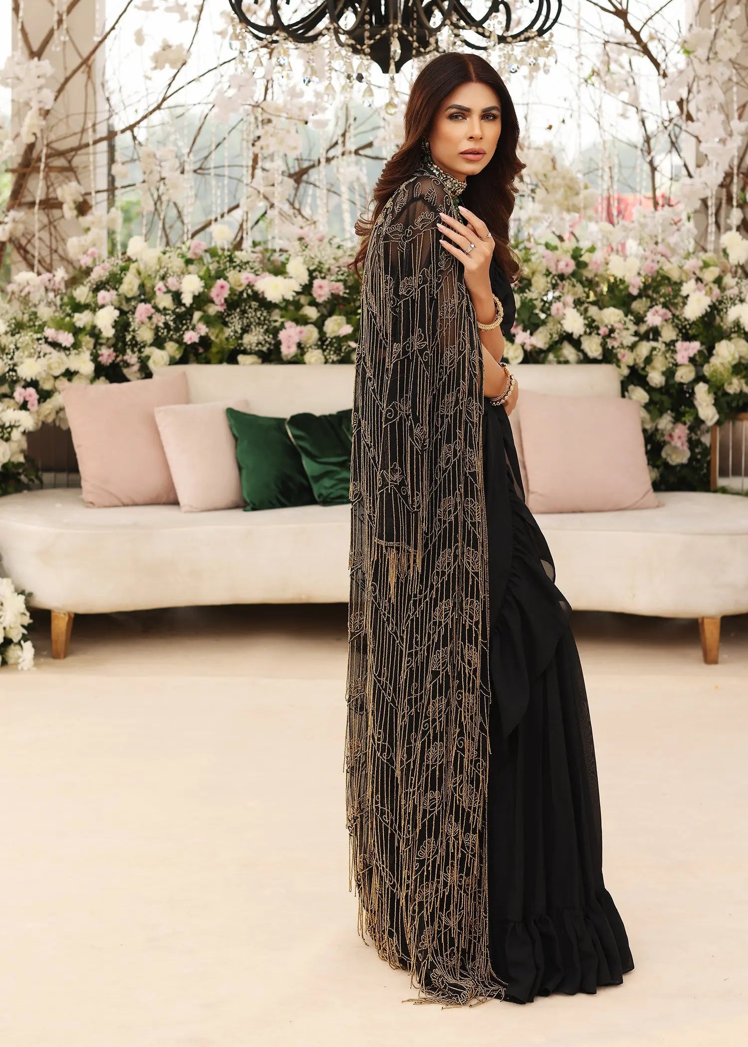 Black Embroidered Net Gown with Georgette Saree (3-Piece) - Image 5