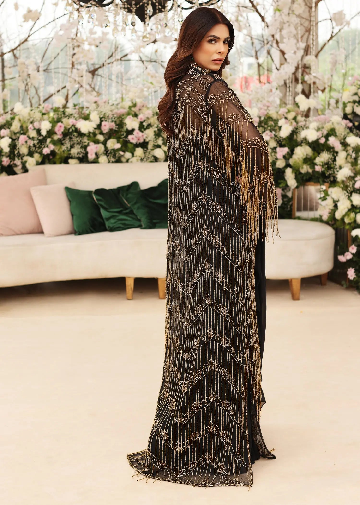 Black Embroidered Net Gown with Georgette Saree (3-Piece) - Image 6