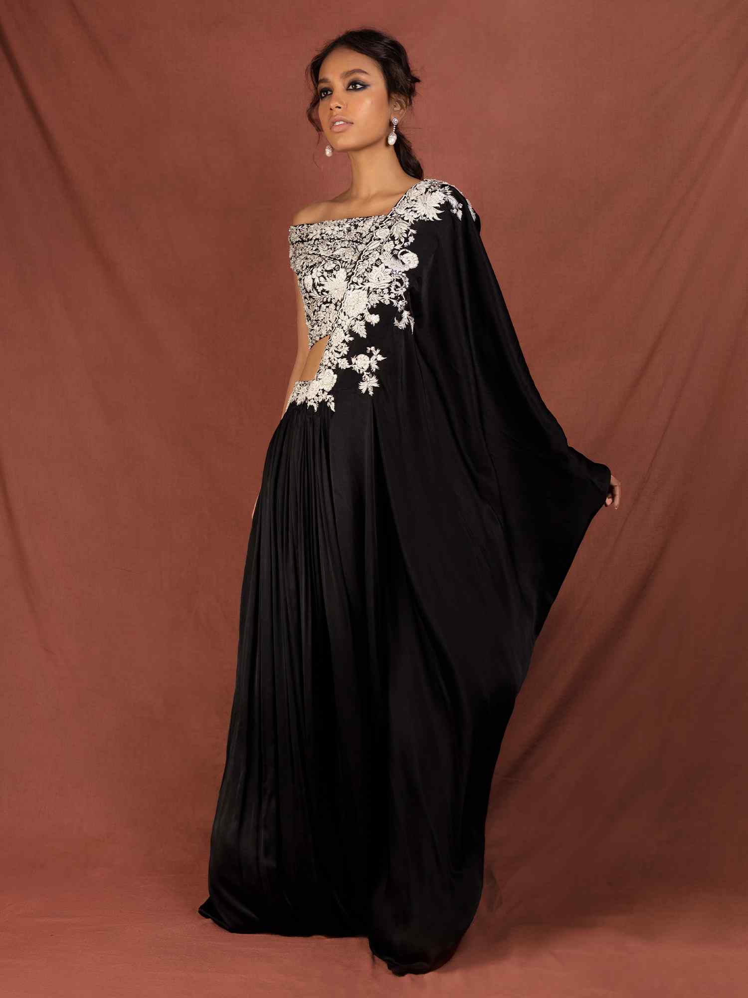 Black Embroidered Jamawar Satin Chamois Pre-Draped Sari (2-Piece) - Image 1