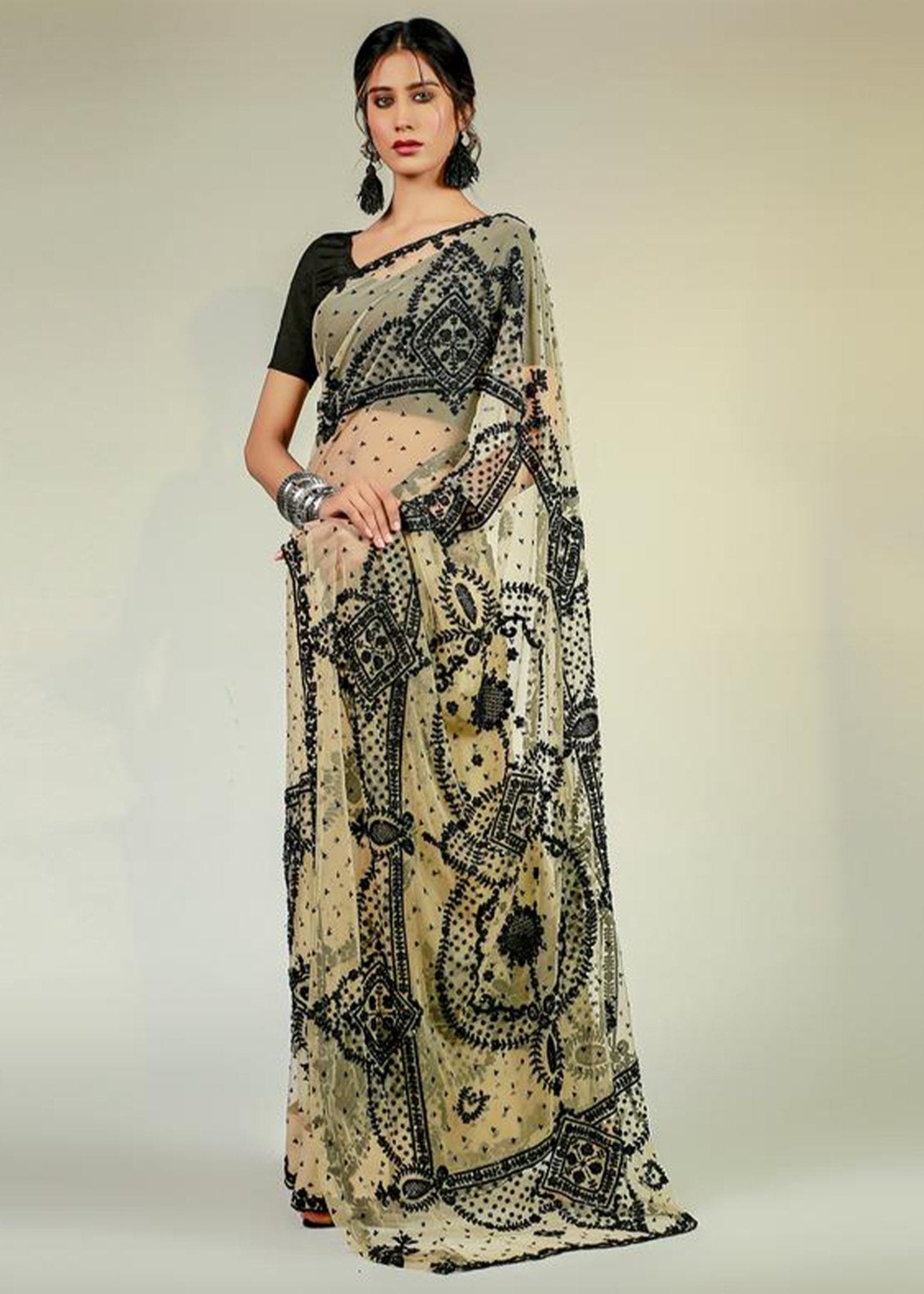 Black & Beige Aari Pearls Korean Net Saree (3-Piece) - Image 1