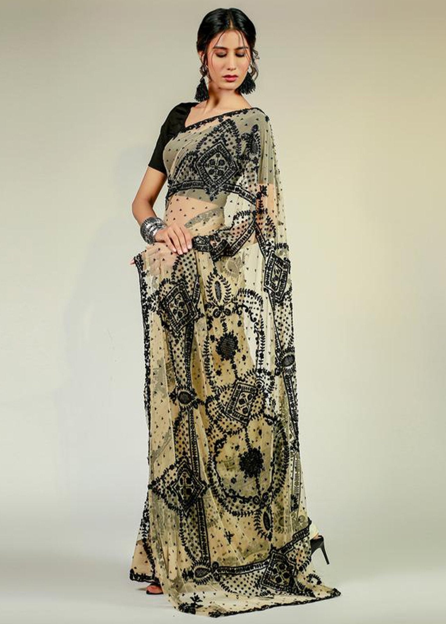 Black & Beige Aari Pearls Korean Net Saree (3-Piece) - Image 3