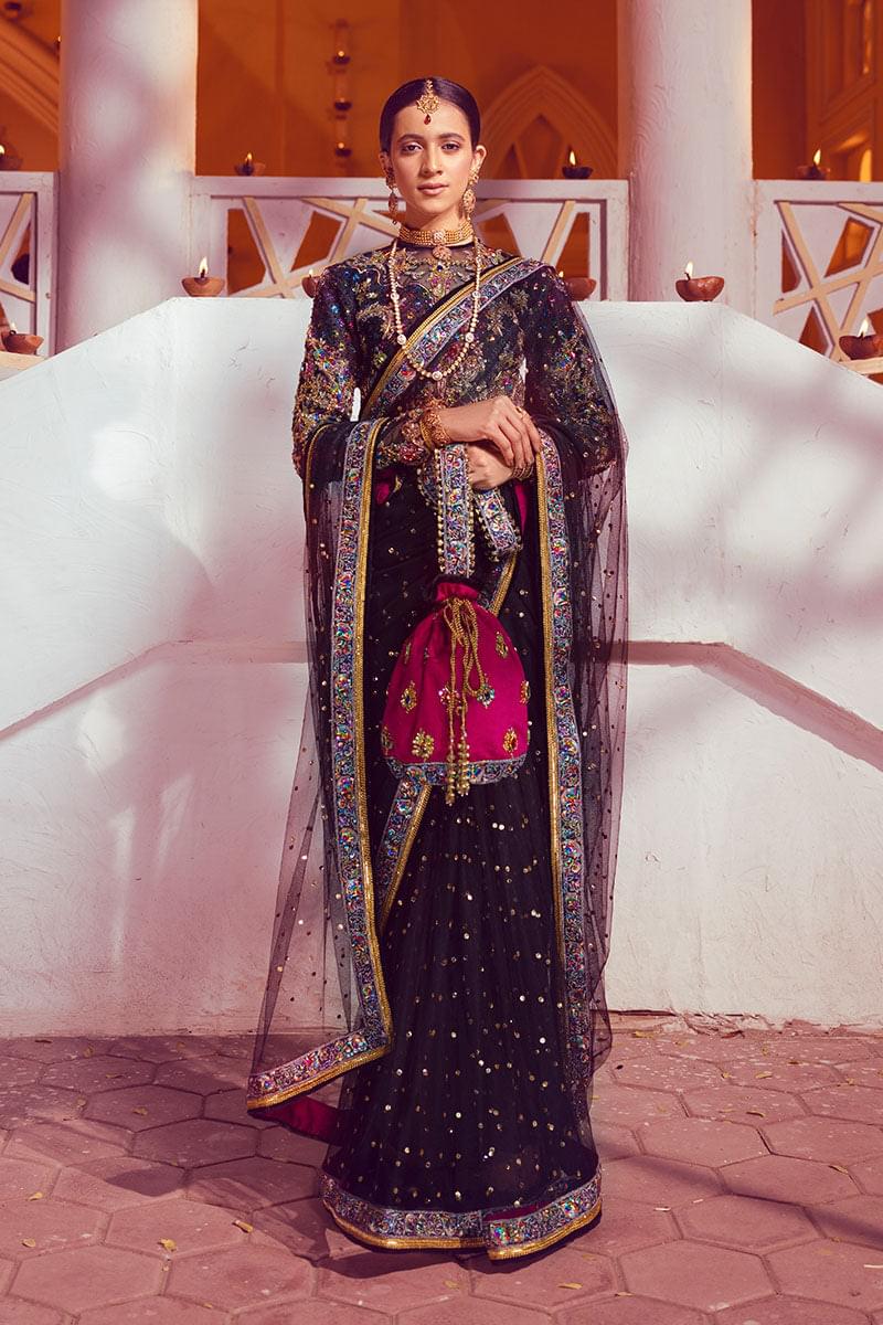 Pakistani Black Embellished Net Saree (2-Piece) - Image 1