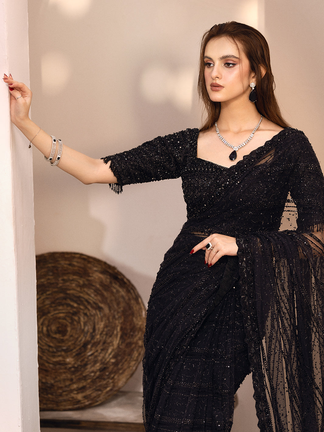 Black Hand-Embellished Net Saree (2-Piece) - Image 14