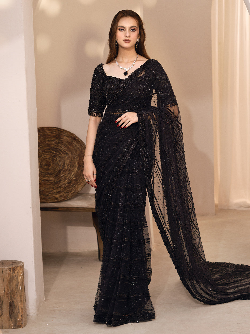 Black Hand-Embellished Net Saree (2-Piece) - Image 2